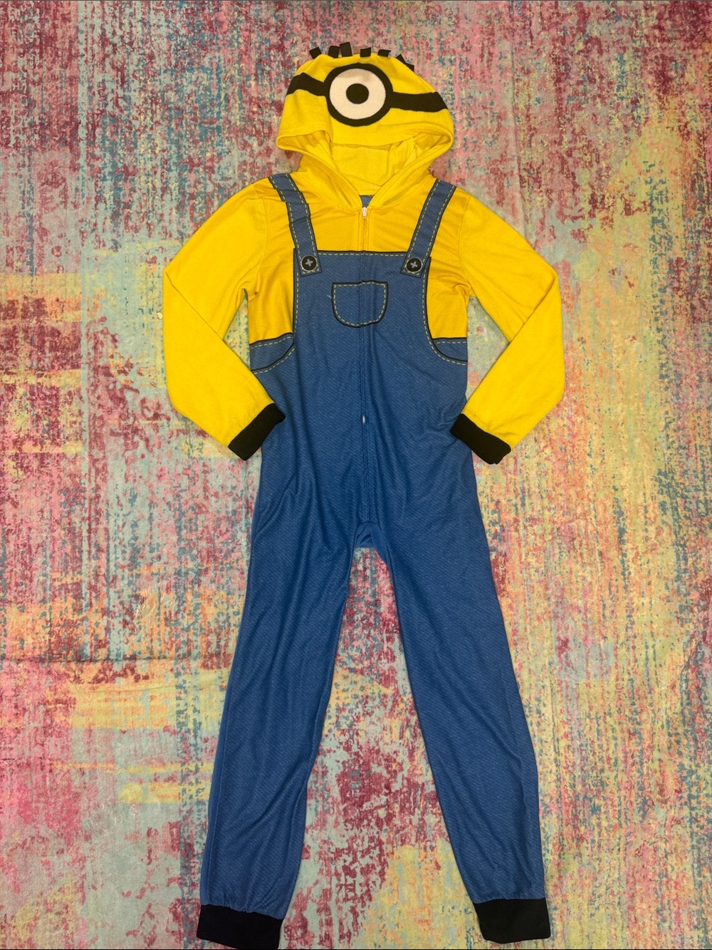 Kids Yellow Hooded Romper with Blue Overalls Design
